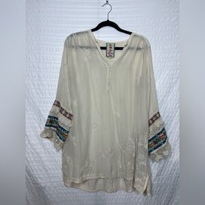 Johnny Was Women’s Cream Tunic with Colorful Embroidery Long Sleeves size Small